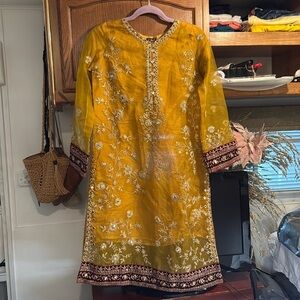 Embroidered Mustard Yellow Kurta with Mirror Accents size S